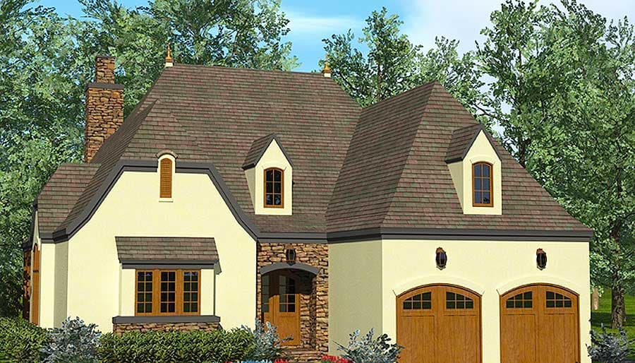 House plan exterior: Two-story, stucco finish, stone accents, arched double garage doors, and prominent dormers.