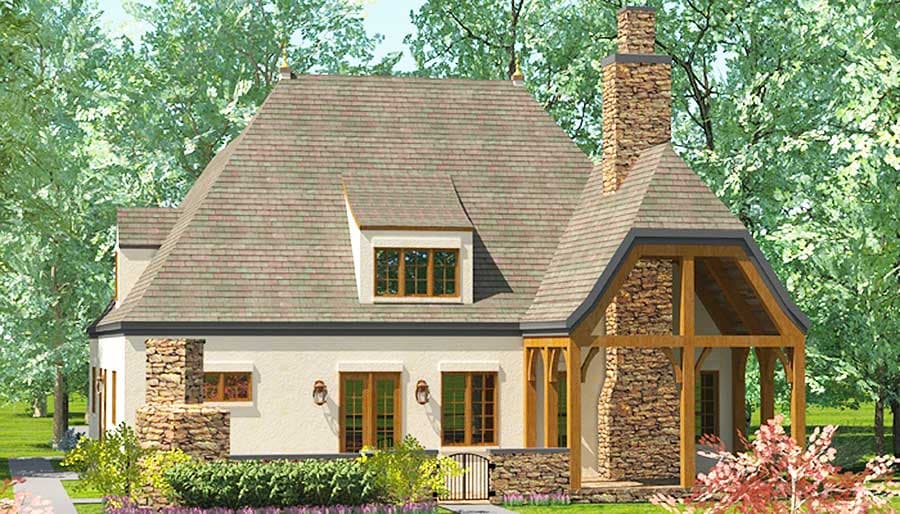 House plan exterior with stone chimney, pitched roof, dormer, and timber-framed covered entry.