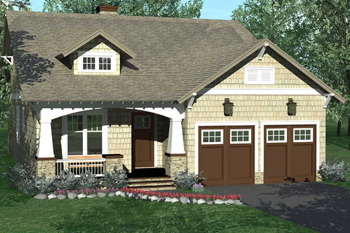 House plan exterior: Craftsman style, one-and-a-half stories, with a covered front porch, dormer, and two-car garage.