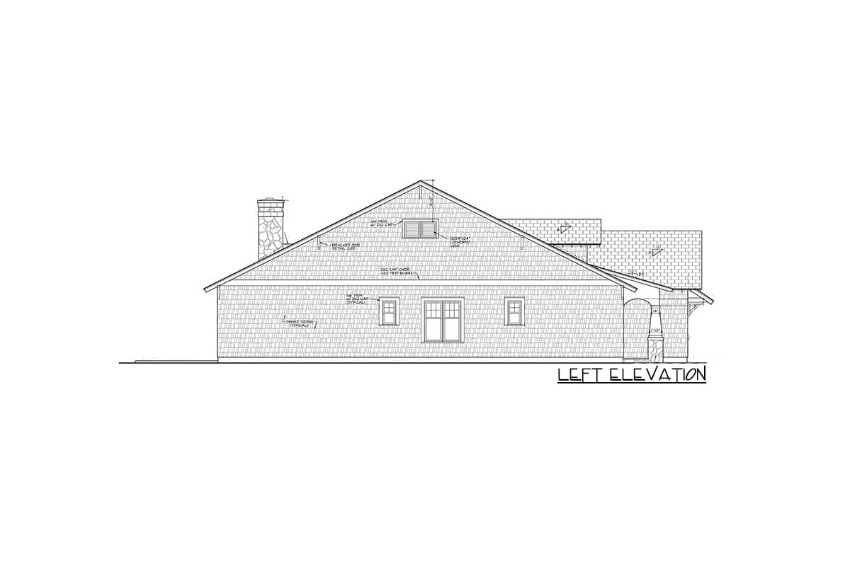 Left elevation drawing of a house plan with shingle siding, stone chimney, gable roof, and a covered porch.