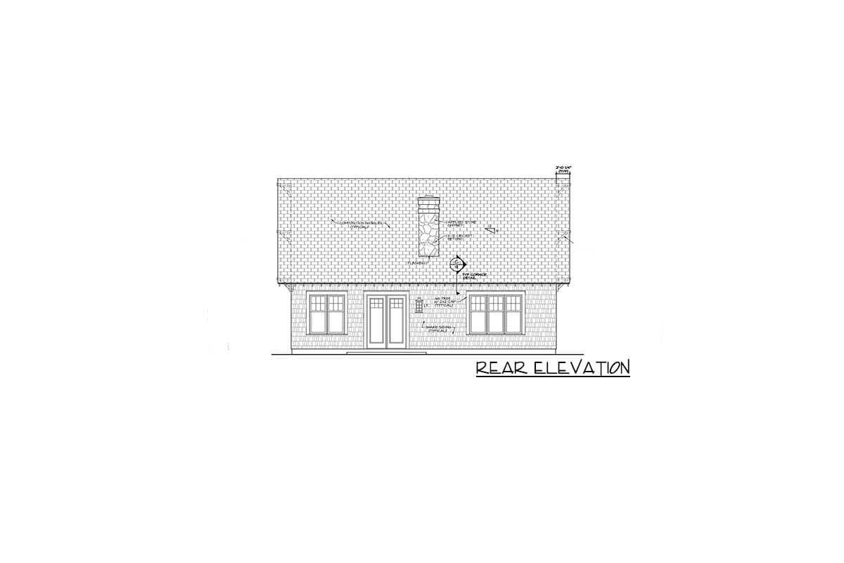 Rear elevation drawing showing a house plan with a shingled exterior, double doors, four windows, and a stone chimney.