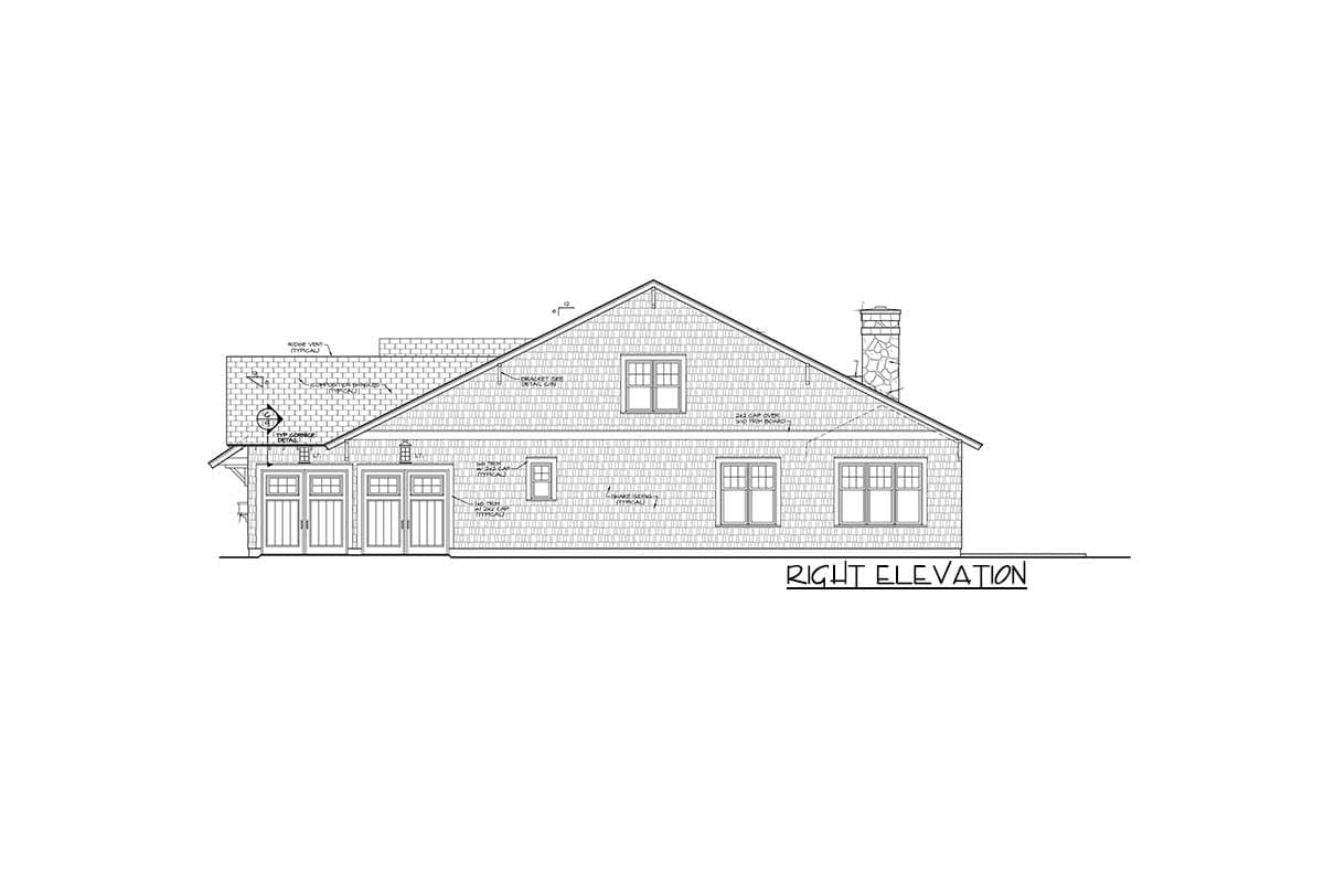 Right elevation house plan drawing showing a single-story structure with three garage doors, gable roof, and stone chimney.