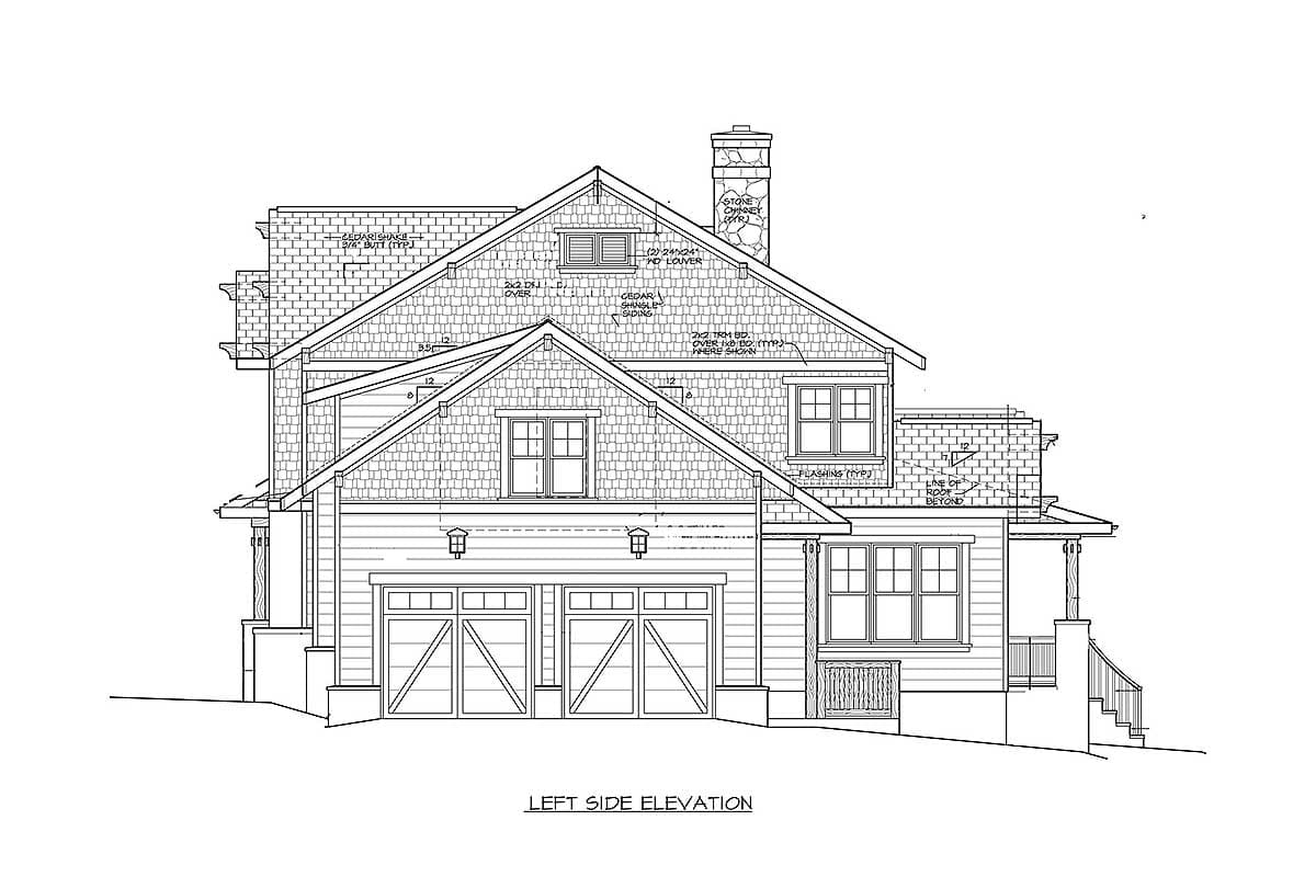 Left side elevation house plan shows a two-story home with a gable roof, stone chimney, and attached two-car garage.