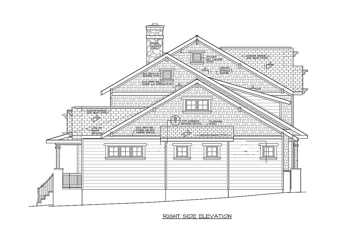 Right side elevation of a house plan showing multi-story gables, dormers, stone chimney, and cedar shake siding.