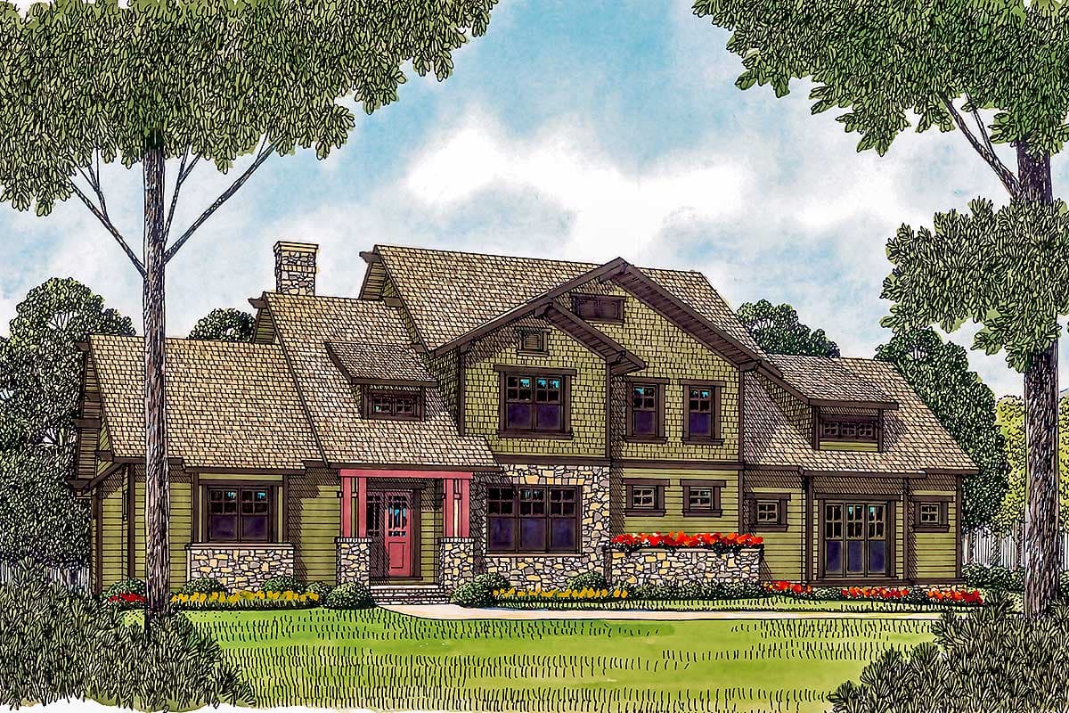 Craftsman house plan exterior with stone accents, prominent dormers, and a covered front porch with stone columns.