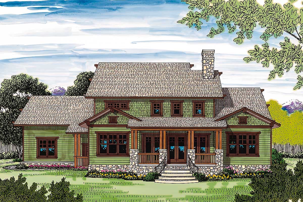 Craftsman style house plan exterior featuring a covered front porch with stone pillars, multiple gables, and a stone chimney.