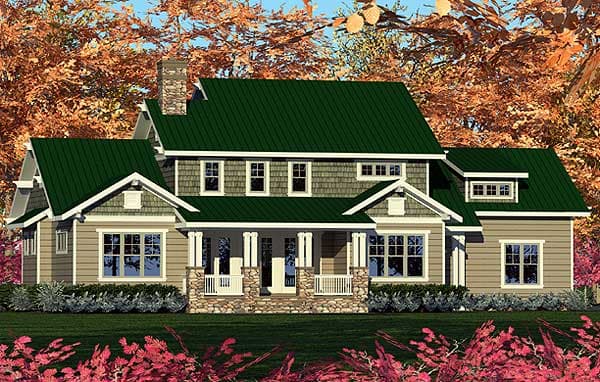 House plan exterior: Two-story, complex roofline, prominent stone chimney, covered front porch with stone pillars, and multiple gables.