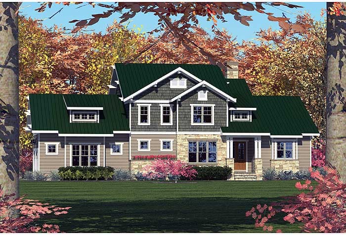 House plan exterior: Two-story home with varied rooflines, gables, dormers, stone and siding exterior, and covered entry.