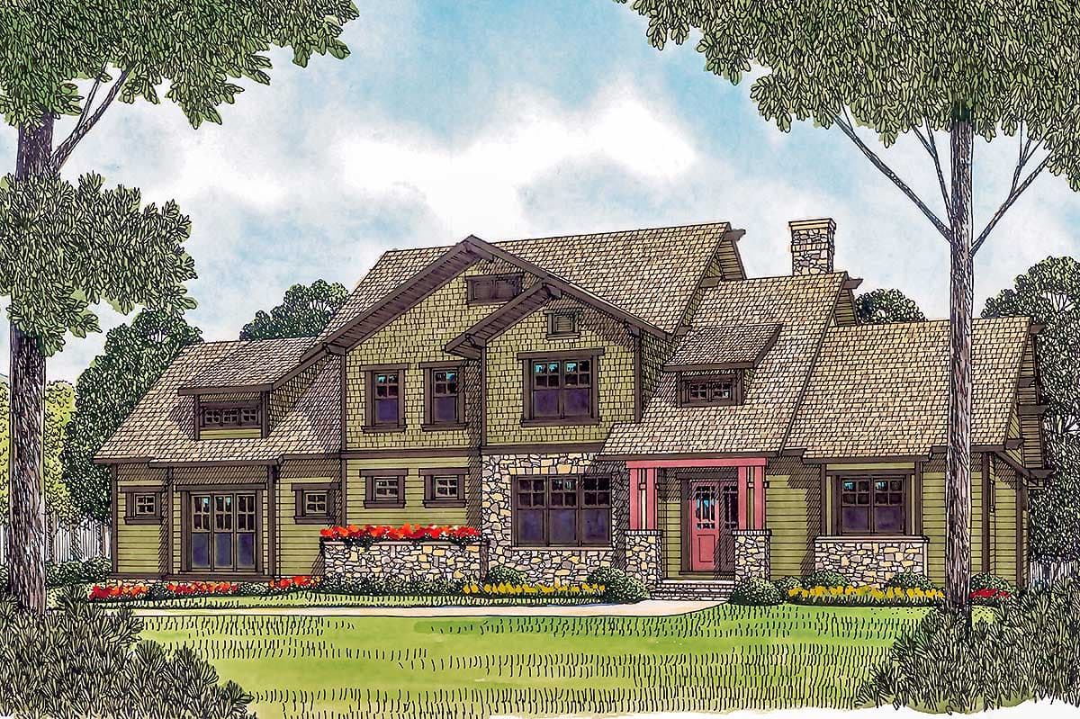 Craftsman style house plan exterior with stone accents, prominent gables, dormers, and a covered front porch.
