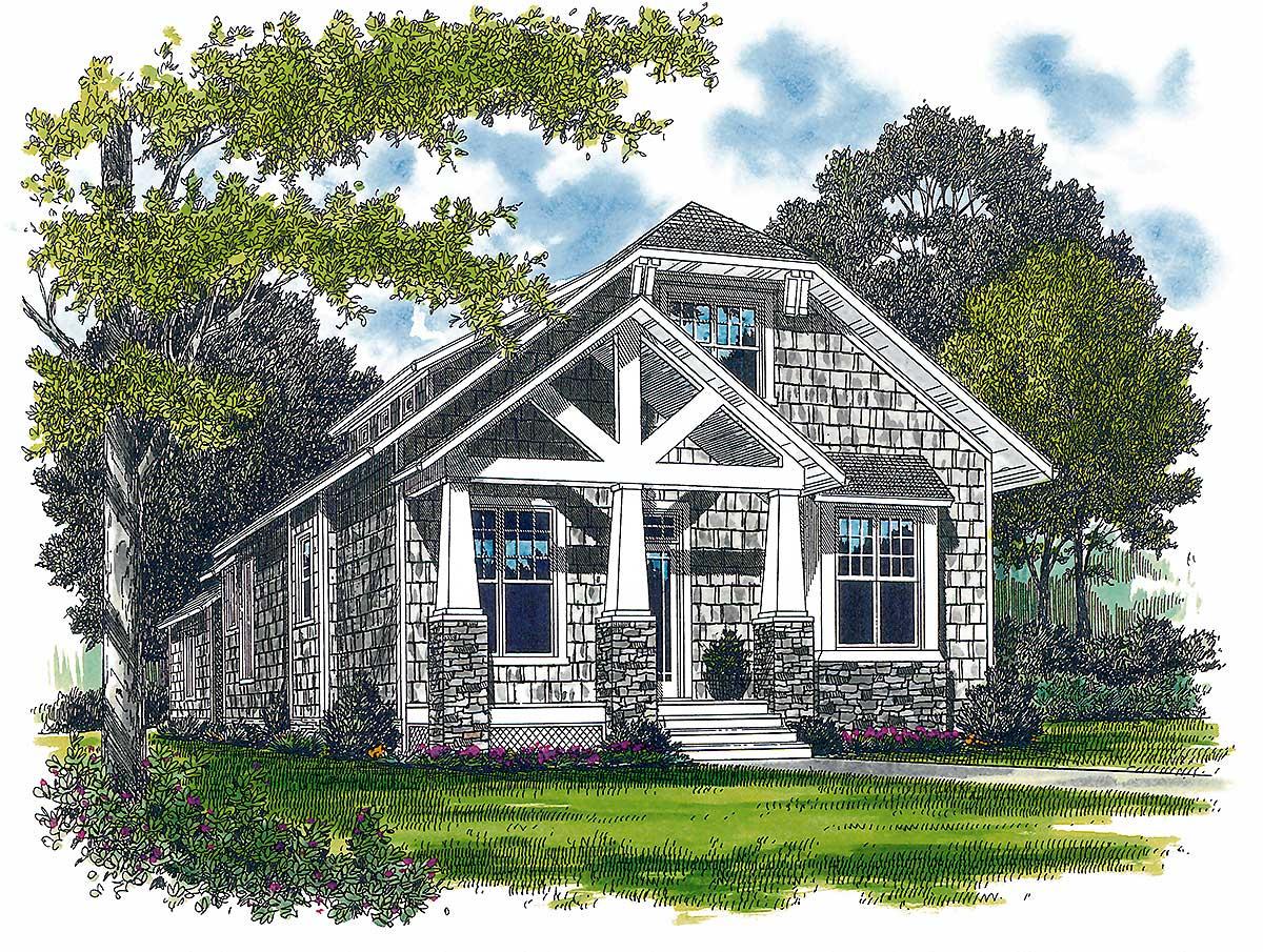 House plan exterior of a single-story Craftsman-style home with a prominent gabled entrance, stone accents, and decorative bracket details.