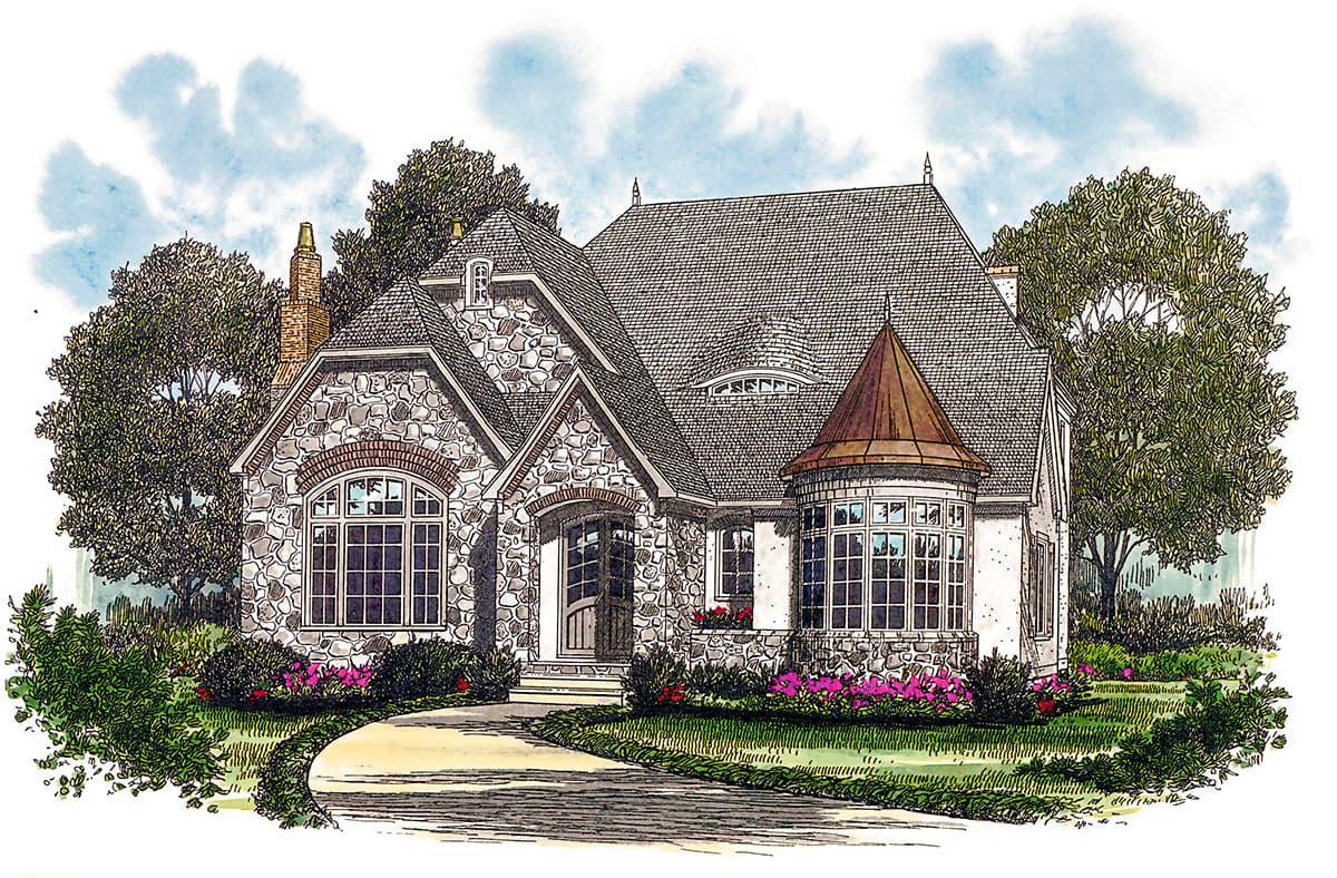 House plan exterior: stone facade, arched windows, prominent gables, conical turret roof, and dormer.