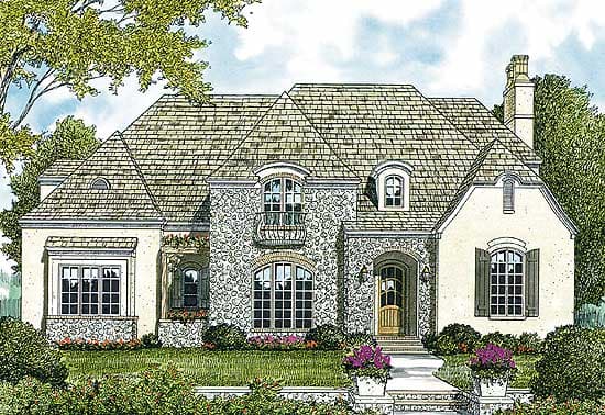 European house plan exterior with stone accents, multiple gables, arched entryway, and a second-story balcony.