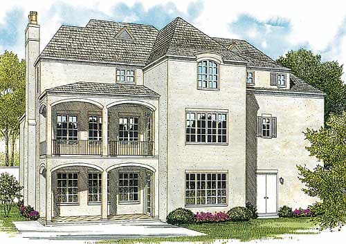 House plan exterior: multi-story residence with arched double balconies, French windows, and hip roof.