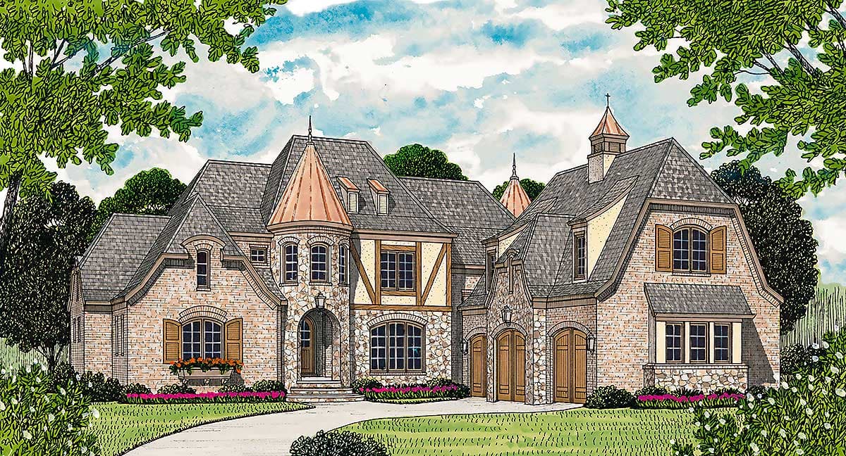 House plan exterior: French Country style, two stories, mansard roof, stone and half-timbered facade, arched entryway, and dormers.