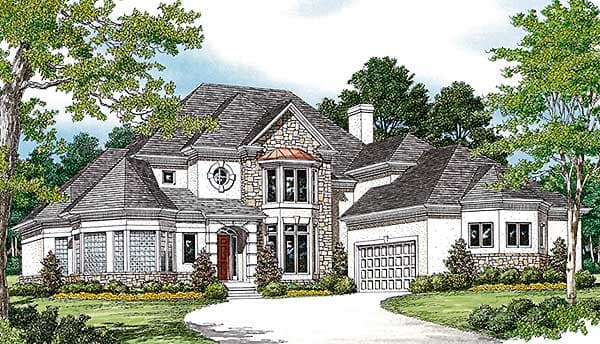 House plan exterior: Multi-story home with stone accents, multi-gabled roof, bay windows, circular decorative window, and side-entry garage.