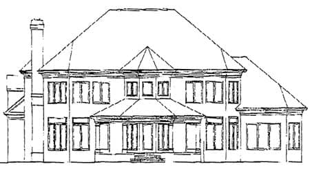 Architectural drawing of a two-story house exterior with a prominent chimney, multi-gabled roof, and covered porch.