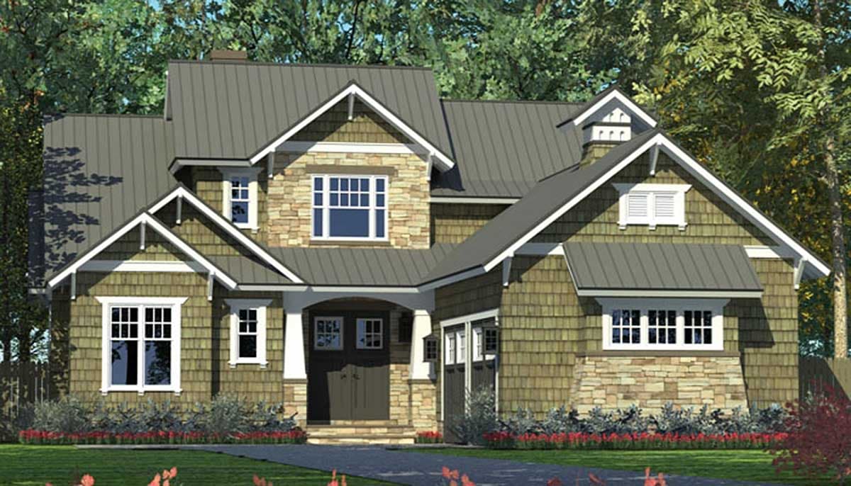 Craftsman style house plan exterior with stone and shake siding, multiple gables, and a metal roof.