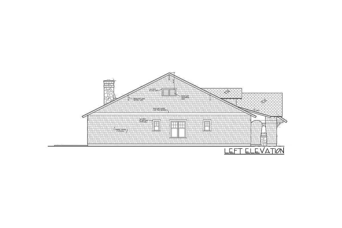 Left elevation of a house plan showing a stone chimney, gable roof with dormers, and arched portico.