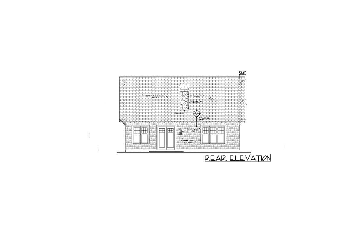 Rear elevation drawing shows a house plan with a dormer, two windows, double doors, and a stone chimney.
