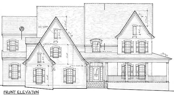 Front elevation drawing of a two-story house plan with gables, dormers, and a wraparound porch.