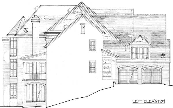 Left elevation drawing of a multi-story house plan with a prominent chimney, balcony, dormer, and a two-car garage.