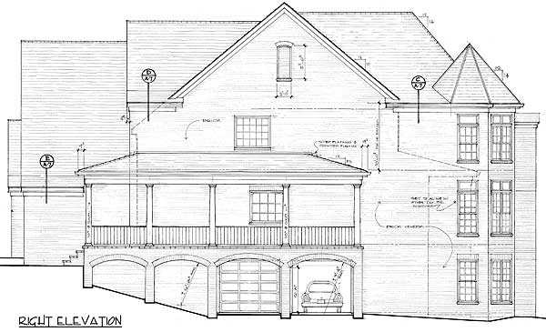 Right elevation house plan shows a two-story home with a covered porch, arched garage bays, and a turreted section.