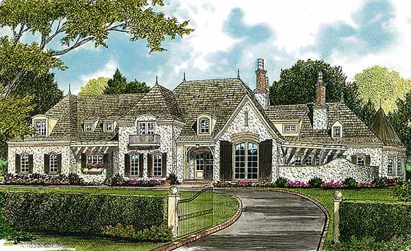French Country house plan exterior with stone facade, mansard rooflines, dormers, and arched entryway. Two stories visible.