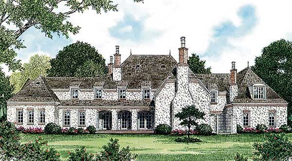 House plan exterior: European-style home with stone facade, mansard roof, multiple gables, dormers, and arched windows.
