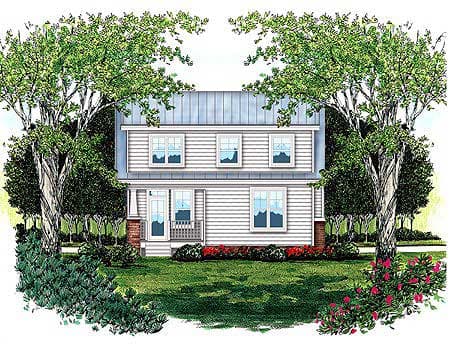House plan exterior of a two-story modern farmhouse with a metal gable roof, double front door, and double-hung windows.