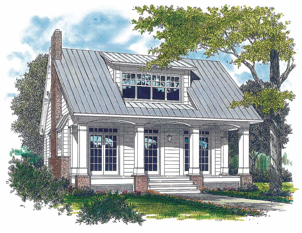 House plan exterior: Gable roof, dormer, front porch with columns, and brick chimney.