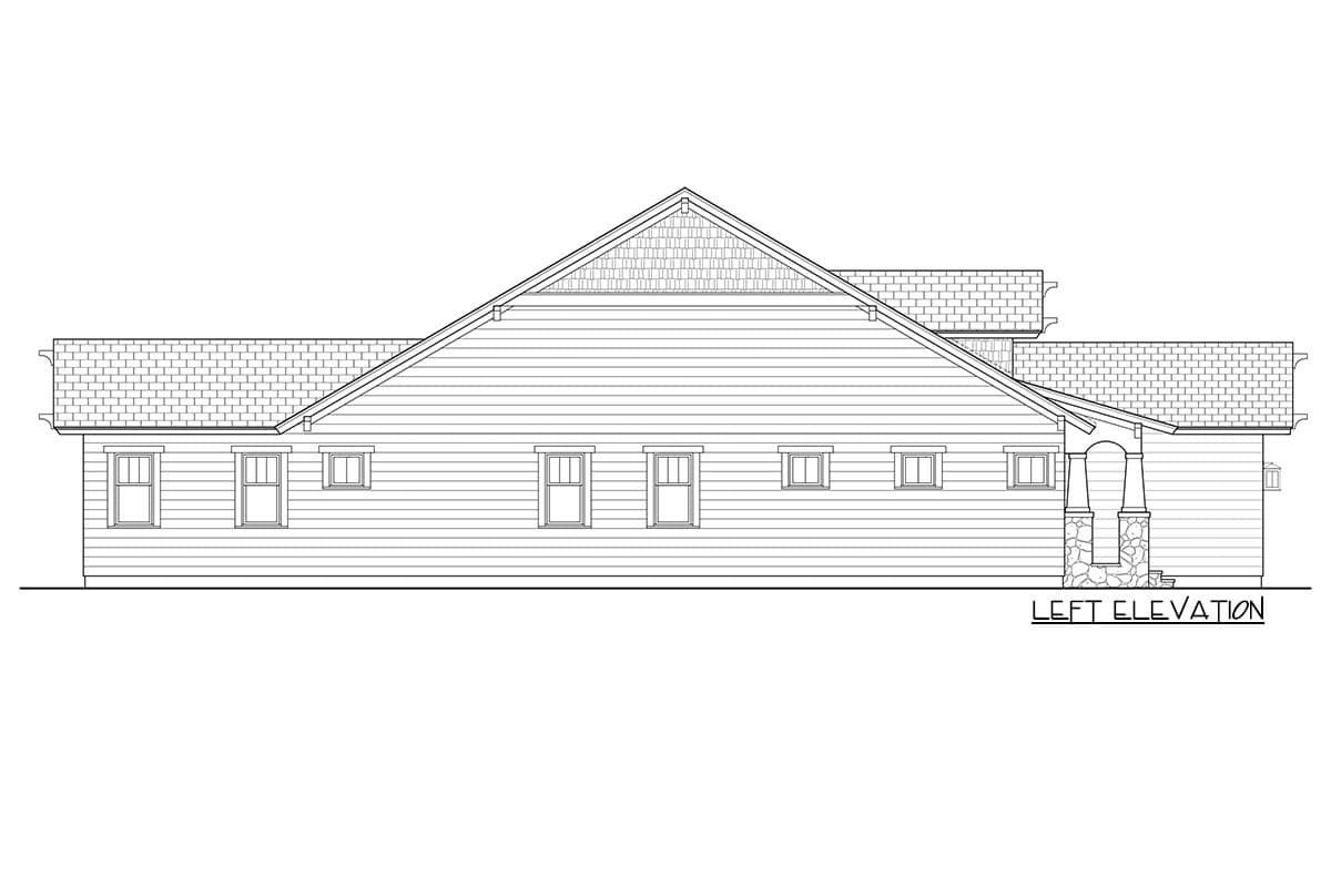Left elevation of a house plan showing a pitched roof with gables, clapboard siding, and a stone-columned entry porch.