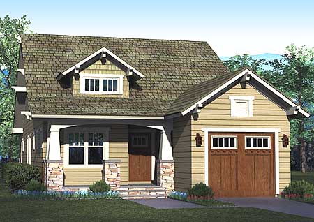 Craftsman style house plan exterior with a dormer, covered porch, stone accents, and a two-car garage.