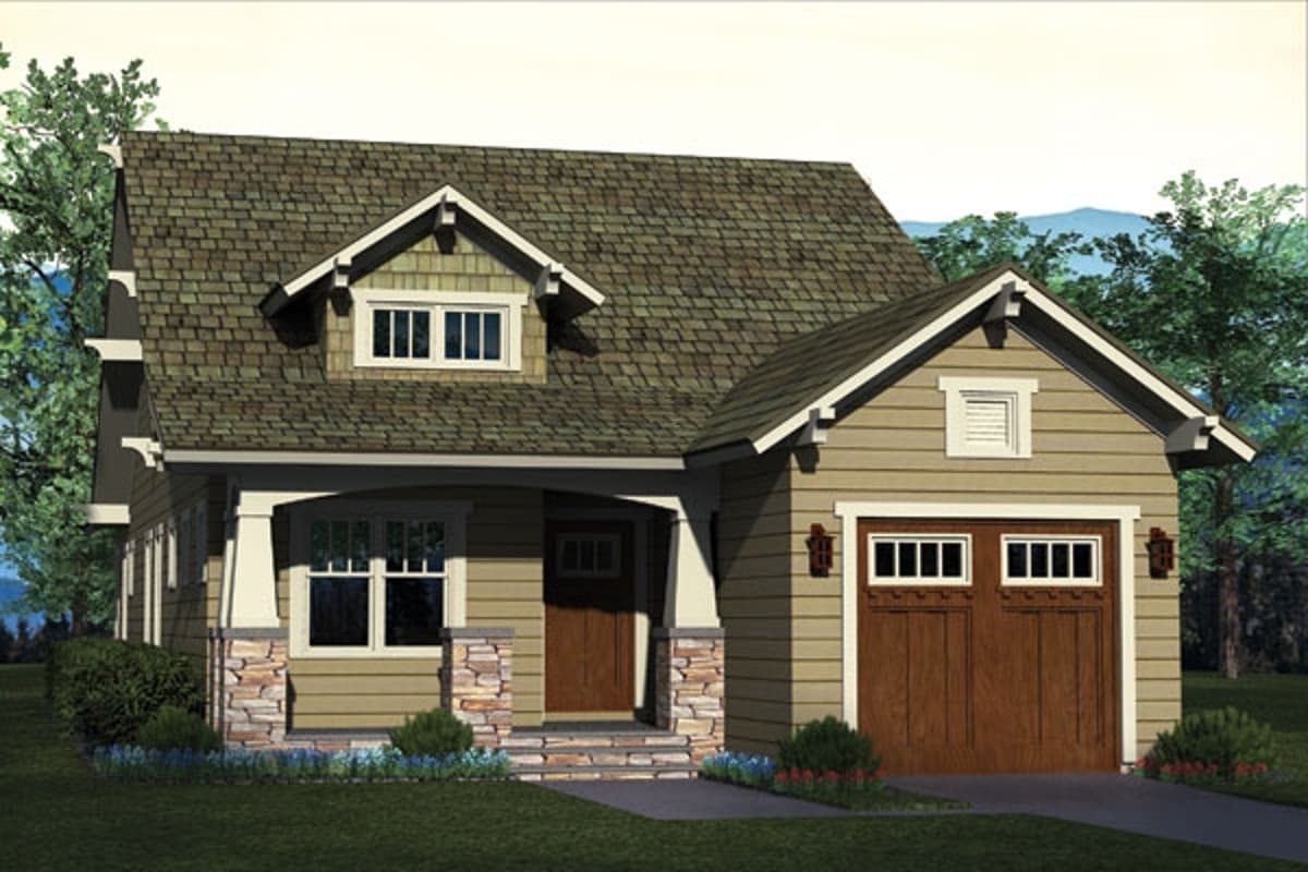 Craftsman house plan exterior, 1.5 stories, with covered entry porch, dormer, and side-facing garage.