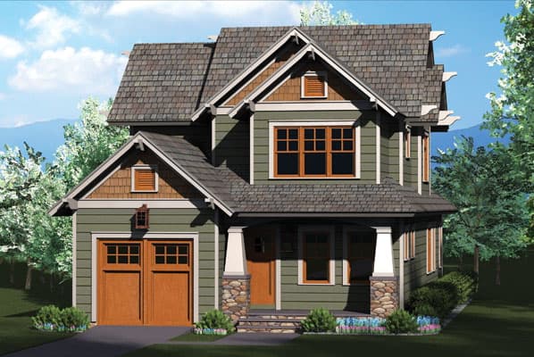 Craftsman style house plan exterior, two stories, side-facing garage, front porch with stone accents, and multiple gables.