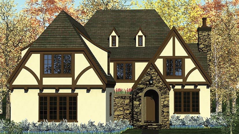 House plan exterior of a two-story Tudor-style home with decorative half-timbering, stone archway, and multiple gables.
