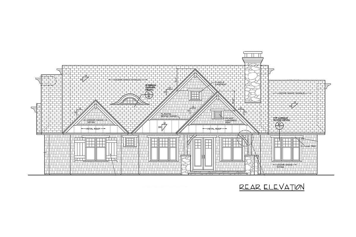 House plan rear elevation drawing with cedar shake siding, gables, dormers, chimney, and metal roof.