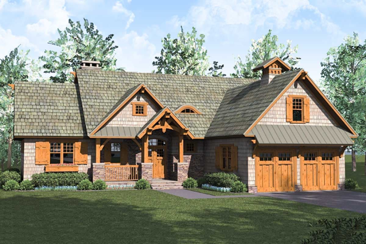 House plan exterior: Ranch-style home with shingle siding, stone accents, covered porch, dormer window, and a dual garage.