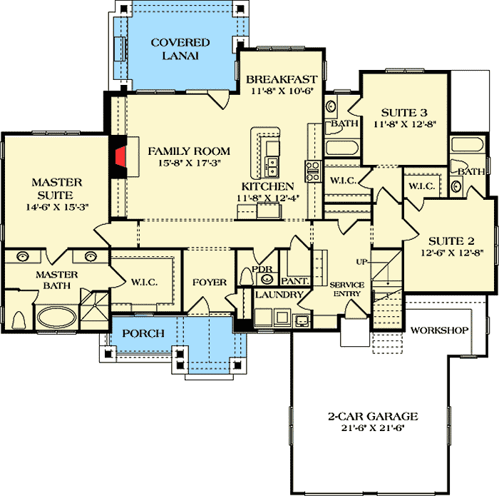 Plan 17742LV: Rustic Craftsman Lodge with Bonus Over Garage - Floor Plan - Main Level - Craftsman, Mountain, Northwest, Rustic, Vacation