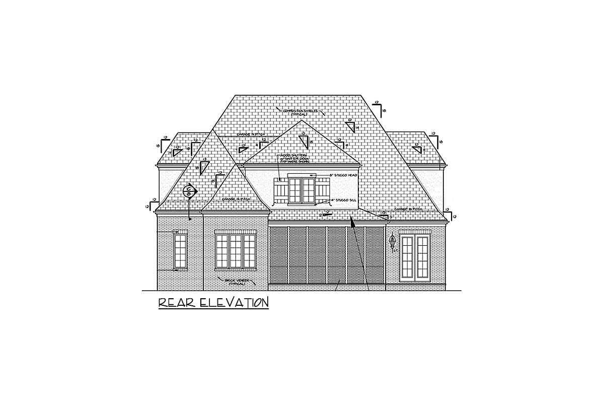 Rear elevation drawing of a house plan with multiple gables, brick veneer, and varied roof pitches.