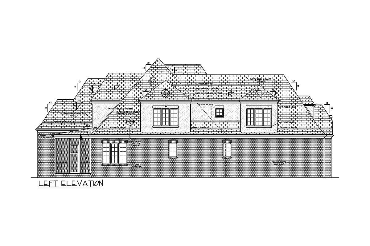 Left elevation floor plan drawing showing brick veneer, multiple gables, dormers, and grid windows.
