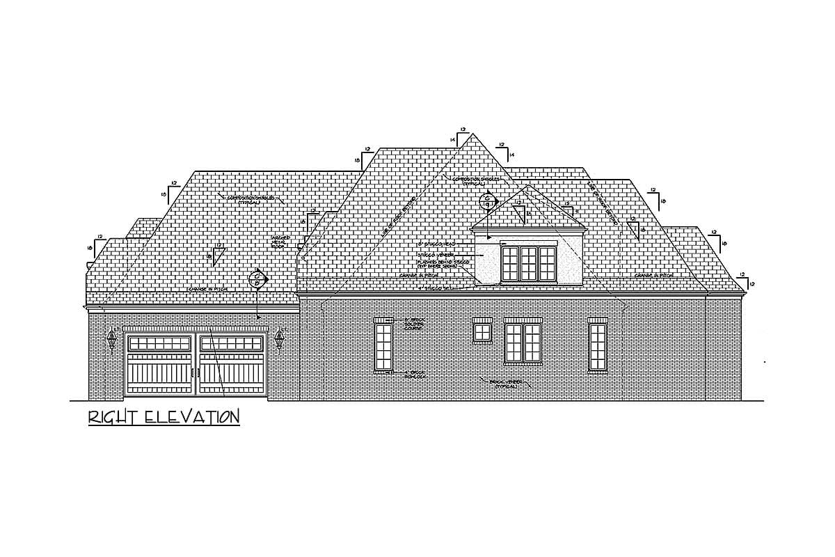 House plan right elevation showing brick exterior, double garage doors, and multi-level rooflines with dormers.