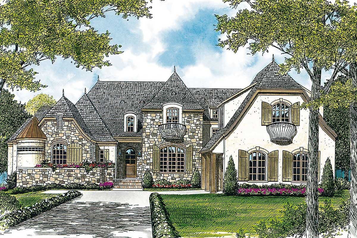 French Country house plan exterior with stone and stucco facade, multiple gables, dormers, and Juliet balconies.