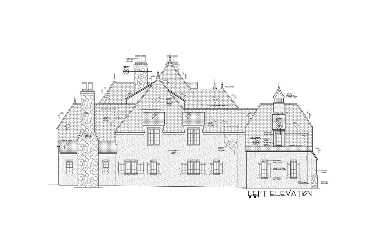 House plan left elevation drawing showing multiple gables, dormers, stone chimneys, and a turret.