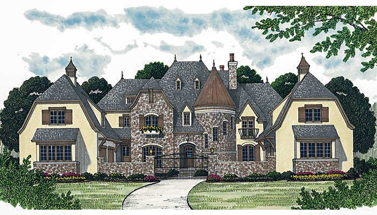 House plan exterior with stone accents, multiple gables, dormers, a turret, and a decorative iron gate.