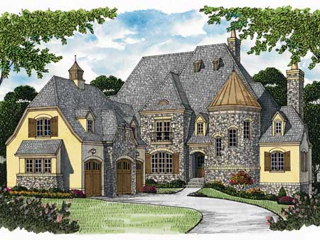 French Country house plan exterior with stone and stucco facade, multiple gables, dormers, turret, and a three-car garage.