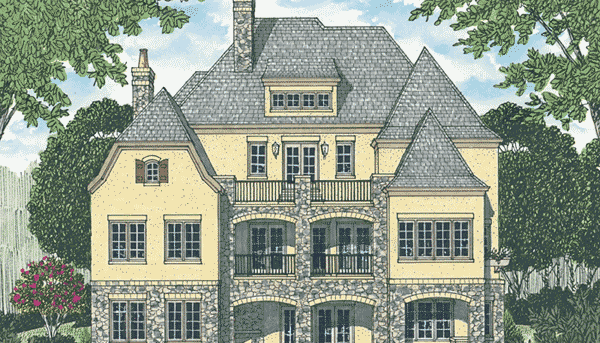 House plan exterior: multi-story French Renaissance style with multiple gables, stone base, and balconies.