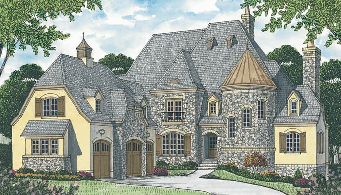 House plan exterior: Two-story stone and stucco home with multiple gables, dormers, turret, and attached garage.