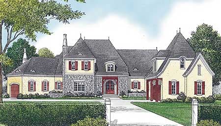 House plan exterior featuring stone accents, multiple gables, dormers, and arched entry.