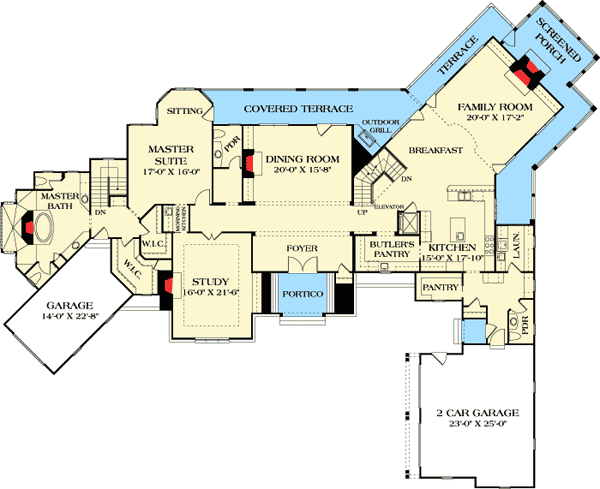 Plan 17761LV: Refined French Country Chateau - Floor Plan - Main Level - European, French Country