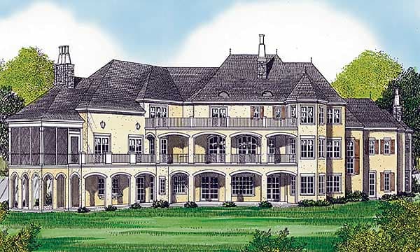 House plan exterior drawing of a large, multi-story home with arched loggias, balconies, and a screened porch.